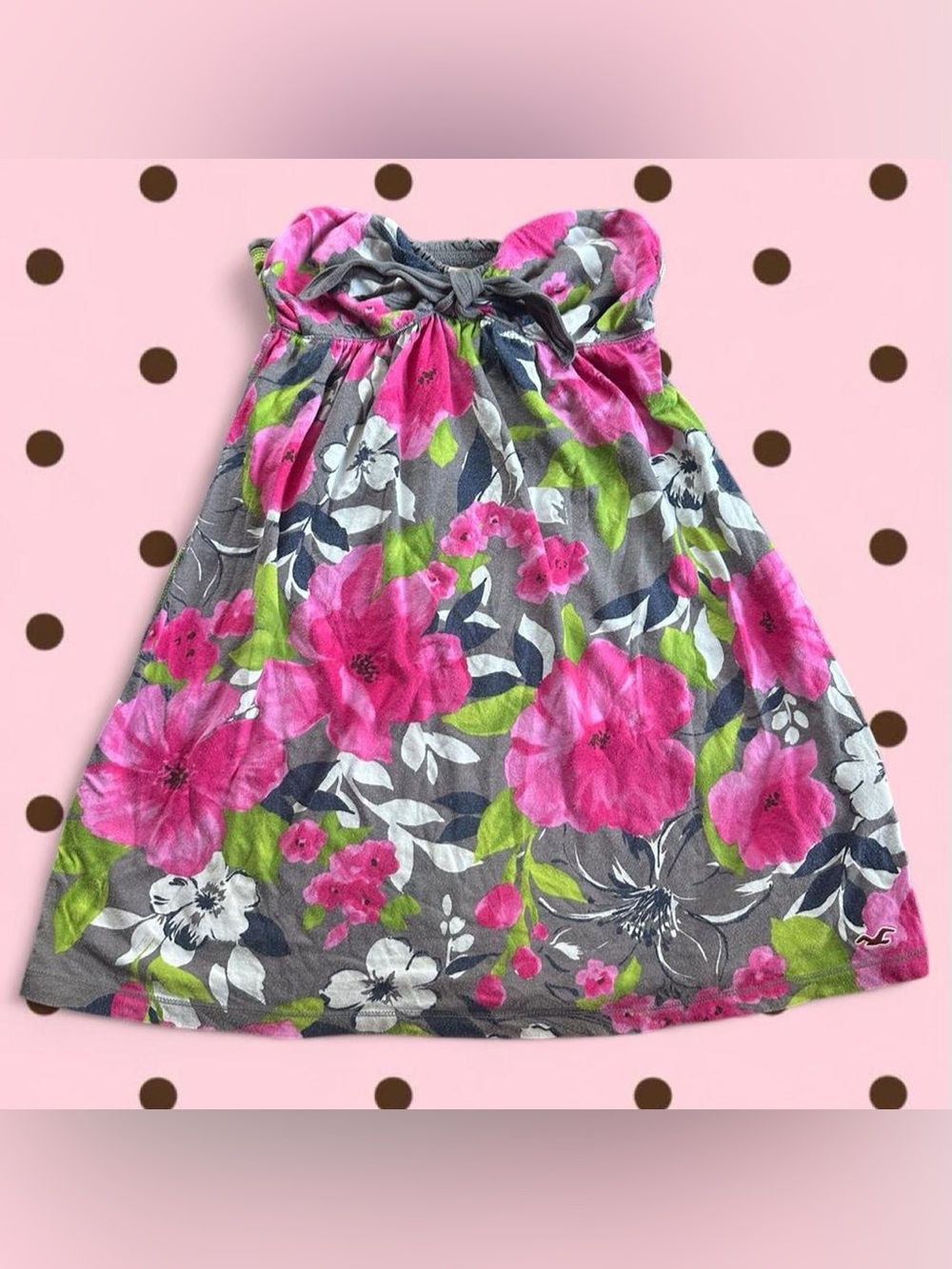 Hollister Gray Floral Strapless Dress with Pink & Green Accents